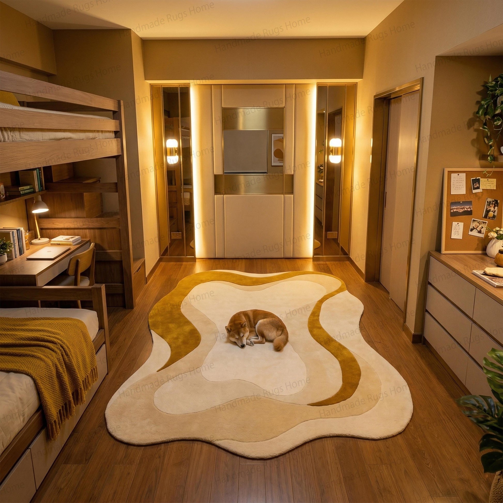 Sophisticated amoeba style living room centerpiece with kids reading.

Mustard and ivory contoured rug styled with a teepee and white sofa.

Beautiful non-rectangular bespoke textile warming up wooden floors.