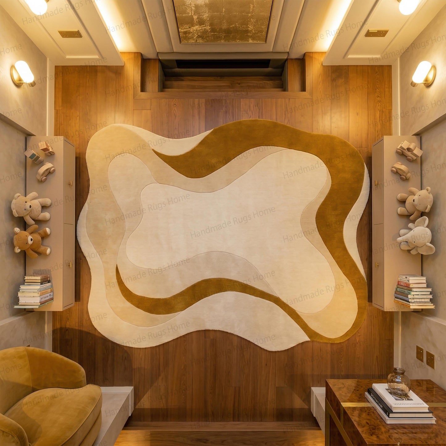 Vibrant goldenrod and beige fluid carpet complementing golden room accents.

Cozy aesthetic interior layout highlighted by an irregular shaped rug.