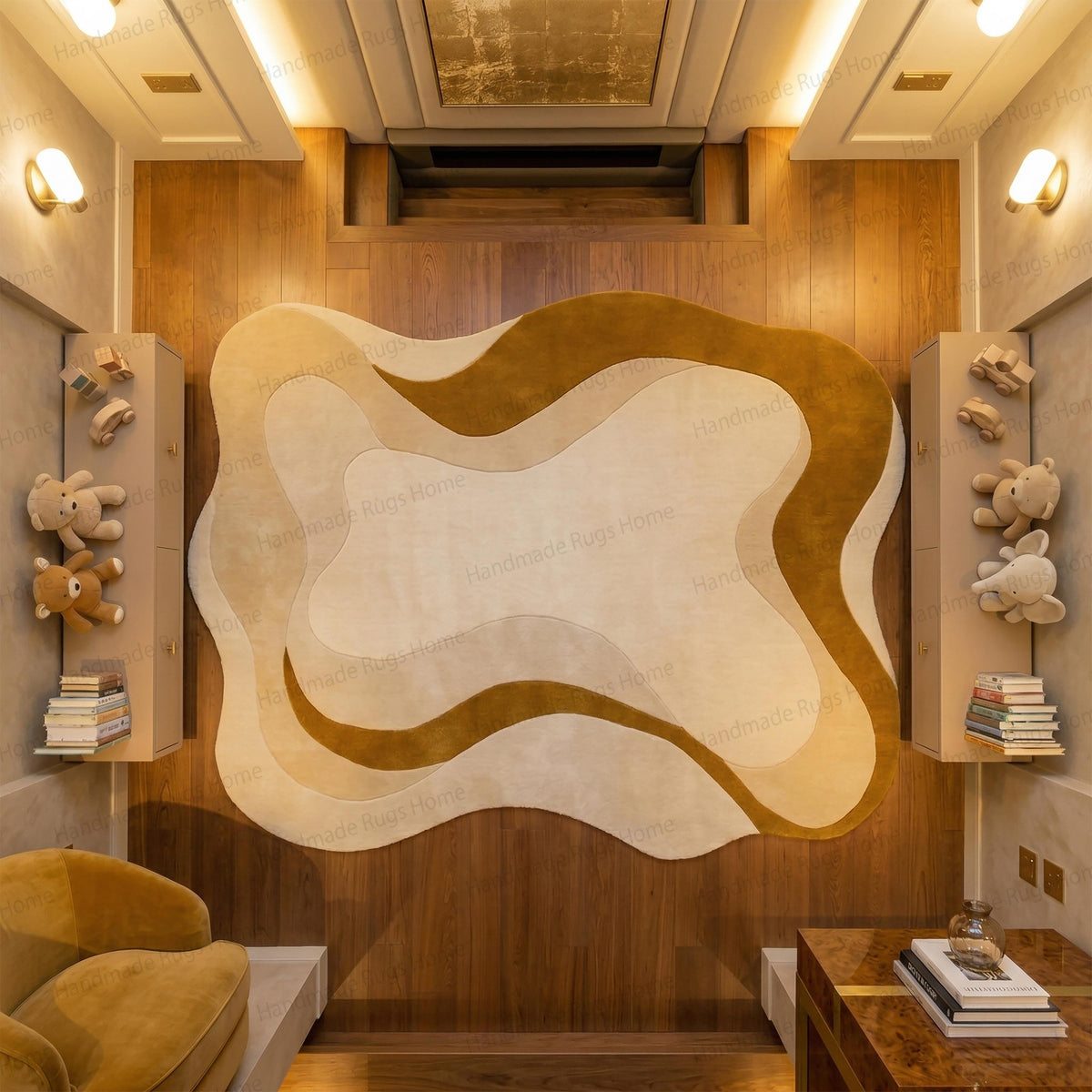 Vibrant goldenrod and beige fluid carpet complementing golden room accents.

Cozy aesthetic interior layout highlighted by an irregular shaped rug.