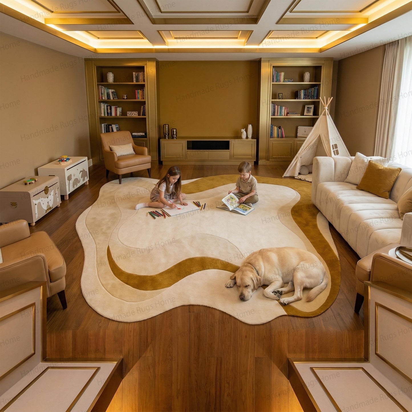 Large organic wavy shaped area rug in luxury family living room.

Abstract hand-tufted wool carpet featuring mustard yellow and cream swirls.

Mid-century modern interior featuring an irregular earthy tone floor covering.