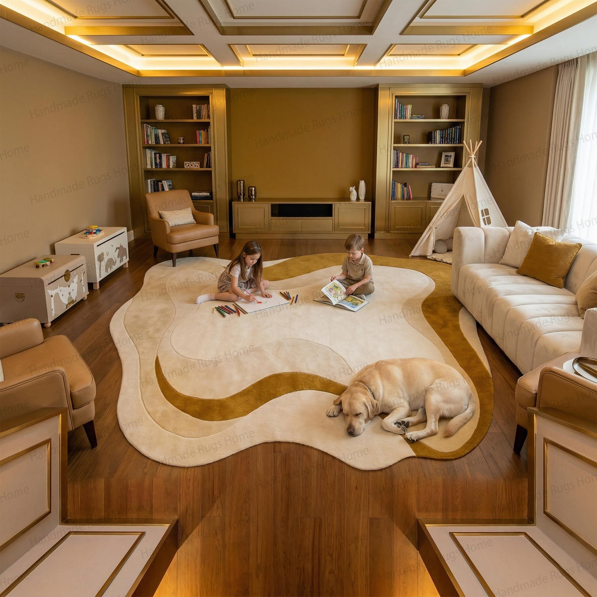 Large organic wavy shaped area rug in luxury family living room.

Abstract hand-tufted wool carpet featuring mustard yellow and cream swirls.

Mid-century modern interior featuring an irregular earthy tone floor covering.