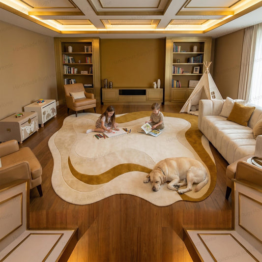 Large organic wavy shaped area rug in luxury family living room.

Abstract hand-tufted wool carpet featuring mustard yellow and cream swirls.

Mid-century modern interior featuring an irregular earthy tone floor covering.
