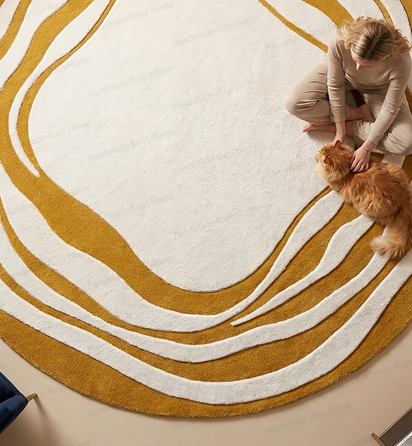 The Aurelia Fluctus Hand-Tufted Circular Rug | Abstract Topography Wavy Design in Mustard Gold & Pearl Cream