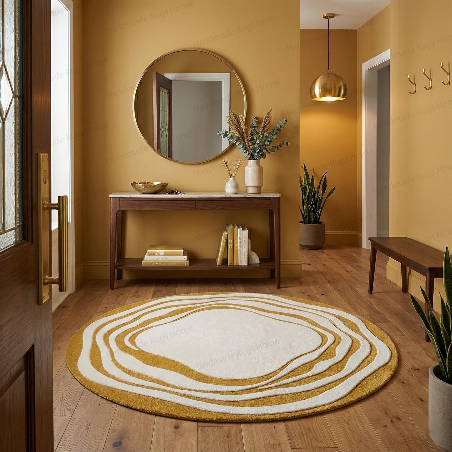 The Aurelia Fluctus Hand-Tufted Circular Rug | Abstract Topography Wavy Design in Mustard Gold & Pearl Cream