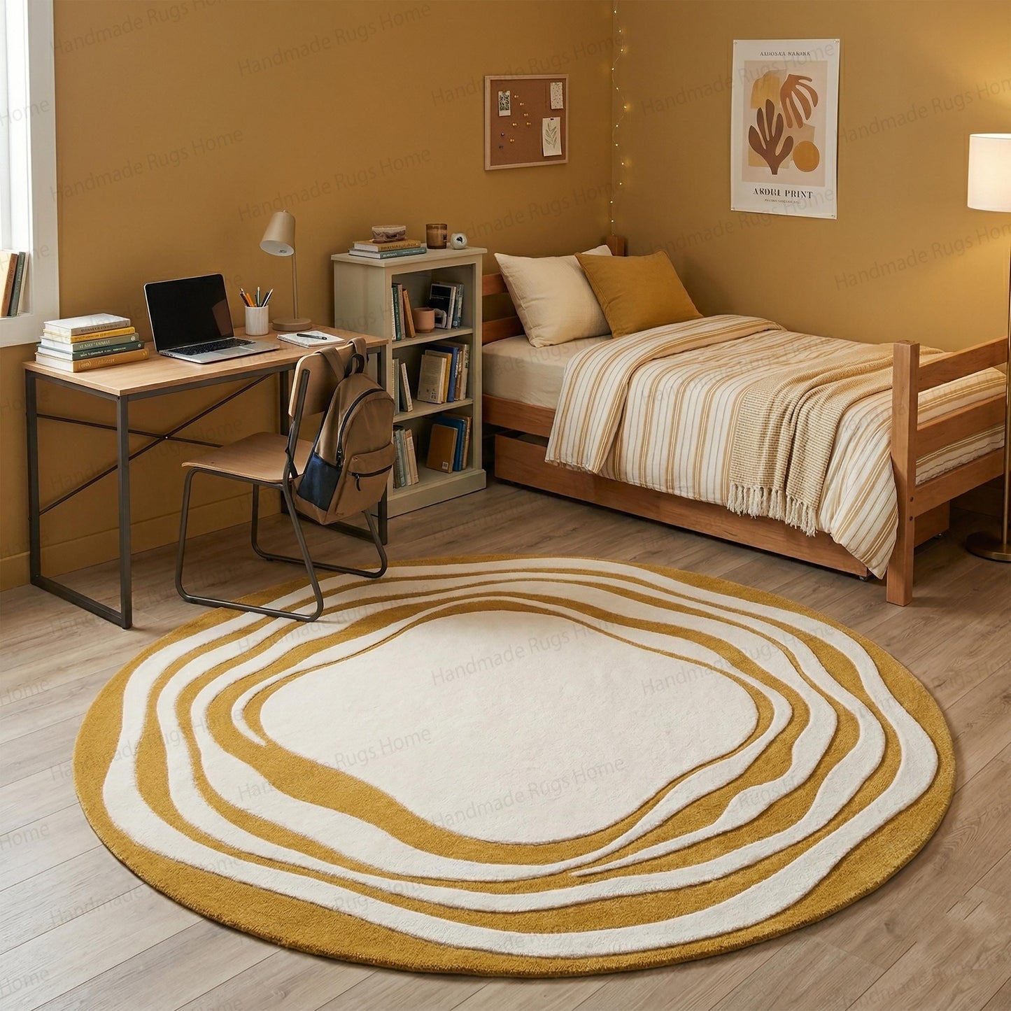 The Aurelia Fluctus Hand-Tufted Circular Rug | Abstract Topography Wavy Design in Mustard Gold & Pearl Cream