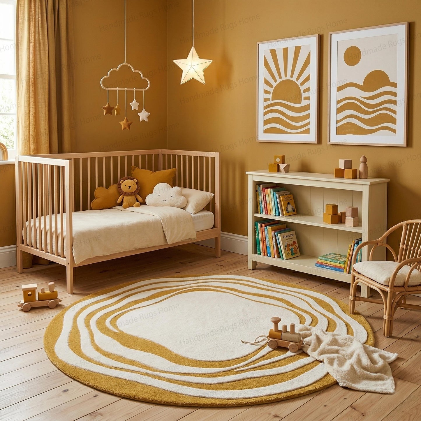 The Aurelia Fluctus Hand-Tufted Circular Rug | Abstract Topography Wavy Design in Mustard Gold & Pearl Cream