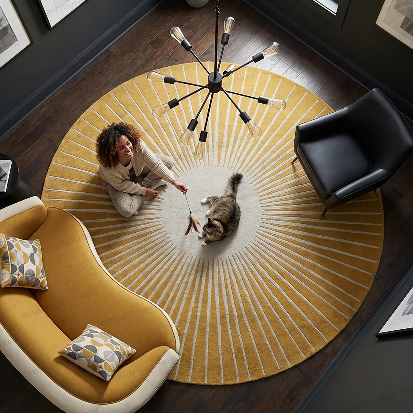Hand Tufted Wool Sunburst Rug, Round Blue Ivory Transitional Area Carpet