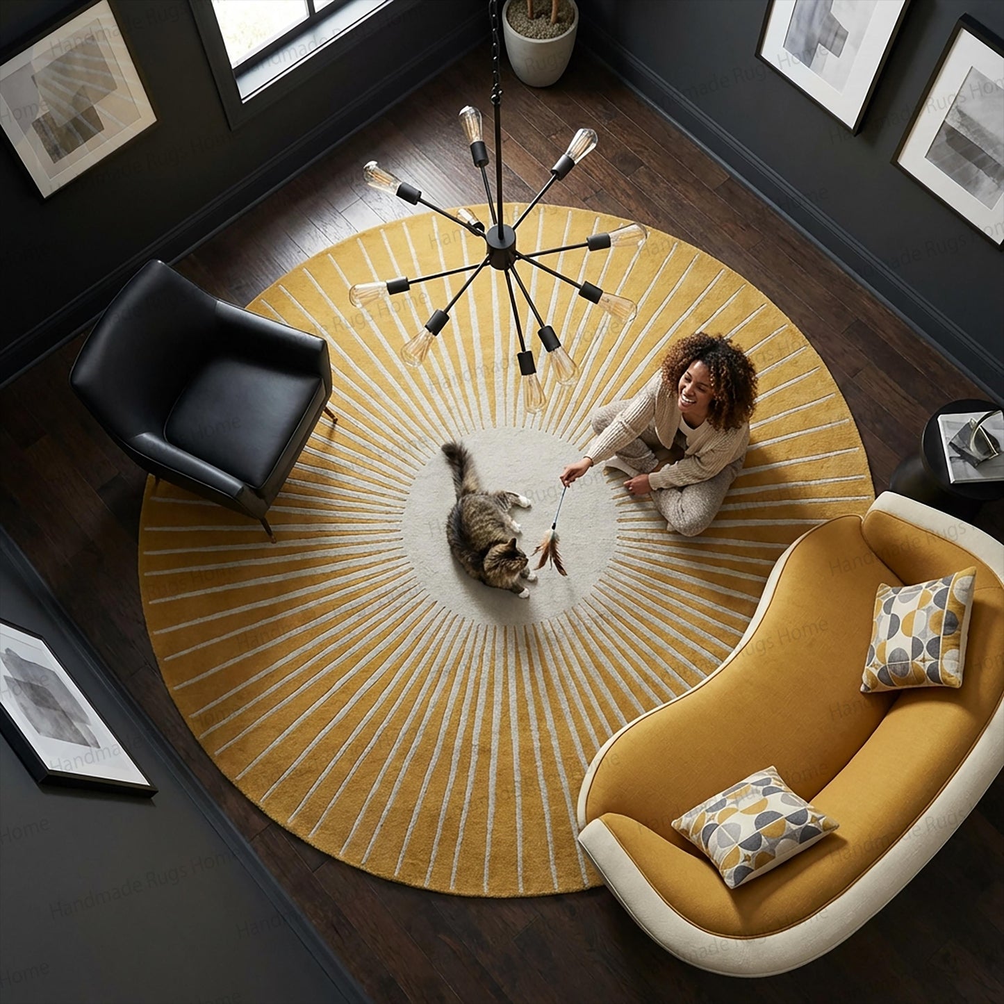 Hand Tufted Wool Sunburst Rug, Round Blue Ivory Transitional Area Carpet