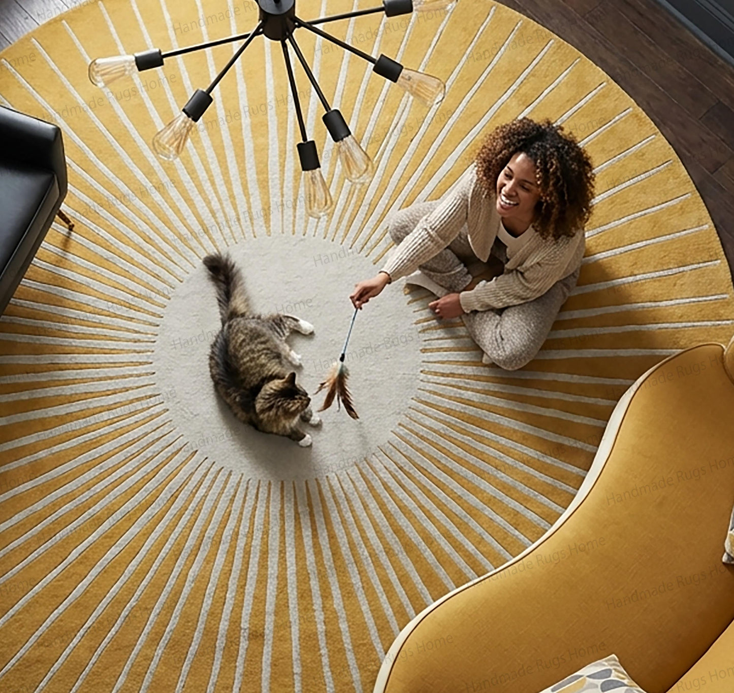 Hand Tufted Wool Sunburst Rug, Round Blue Ivory Transitional Area Carpet
