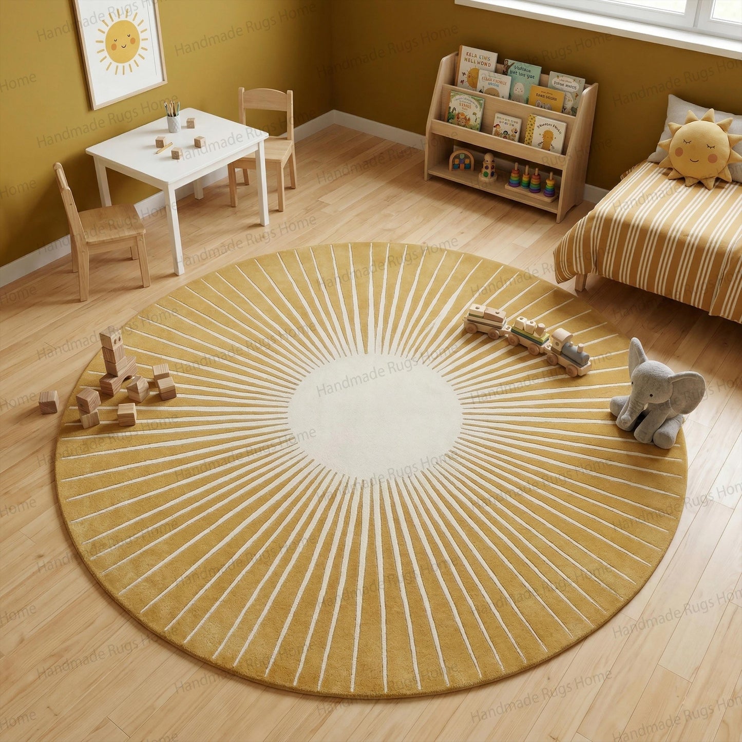 Hand Tufted Wool Sunburst Rug, Round Blue Ivory Transitional Area Carpet