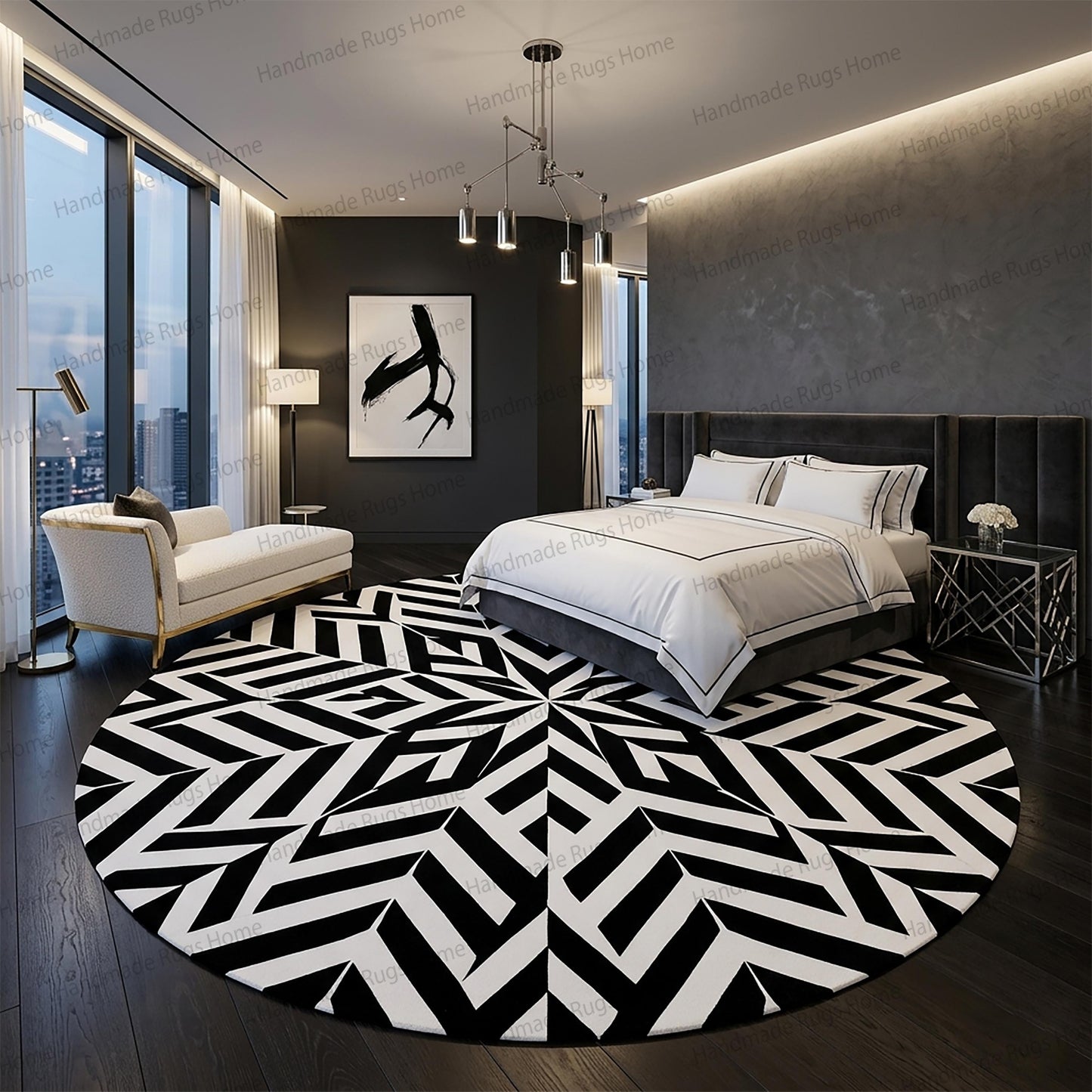 Artisanal hand tufted circular rug with bold patterns.