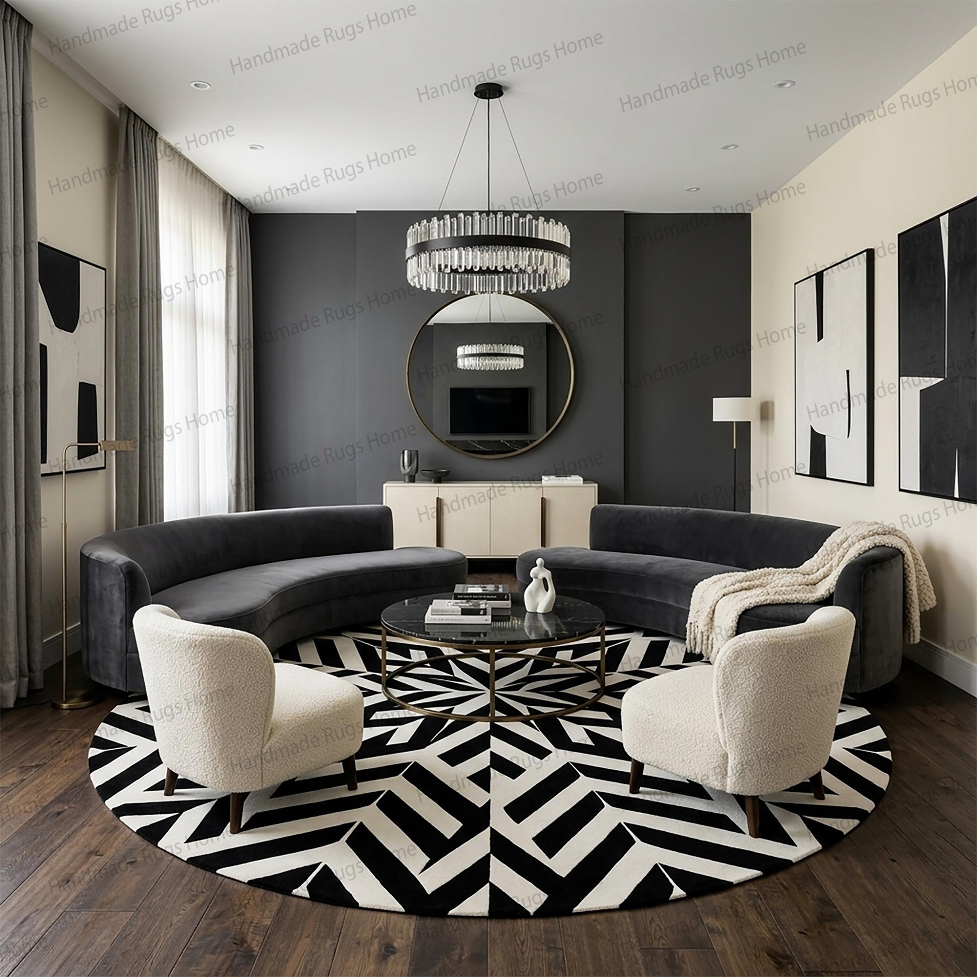 Elegant black and white fiber art rug for entryway.

Bespoke monochrome round rug with sun-ray pattern.

Decorative high-quality hand tufted rug for luxury homes