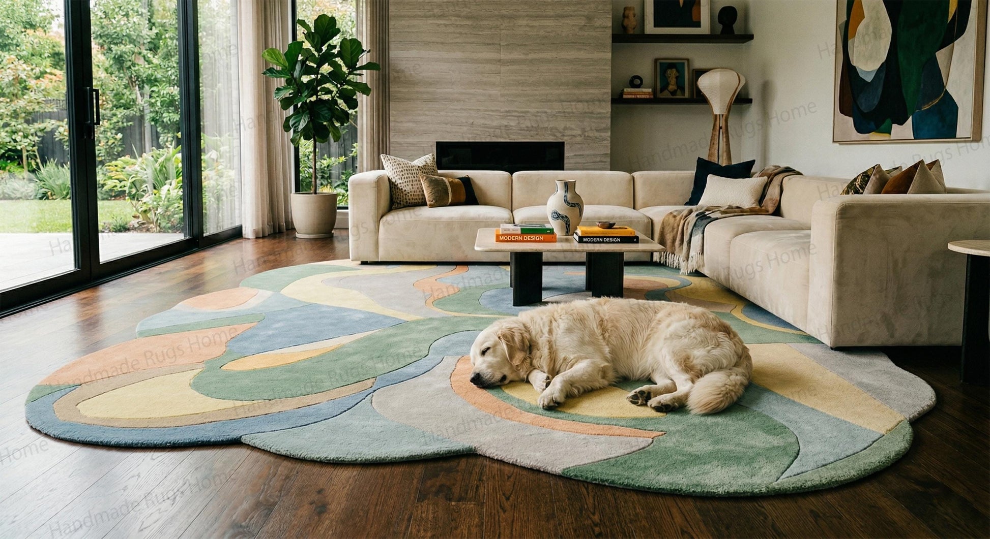 Large irregular shaped pastel hand tufted wool rug in modern luxury living room

Contemporary interior styling highlighting a playful yet elegant floor tapestry

Heavy duty pet approved abstract pattern rug inside stylish family room

Trending organic shape interior design element creating visual interest

Handcrafted artisan wool floor covering elevating sophisticated room aesthetics