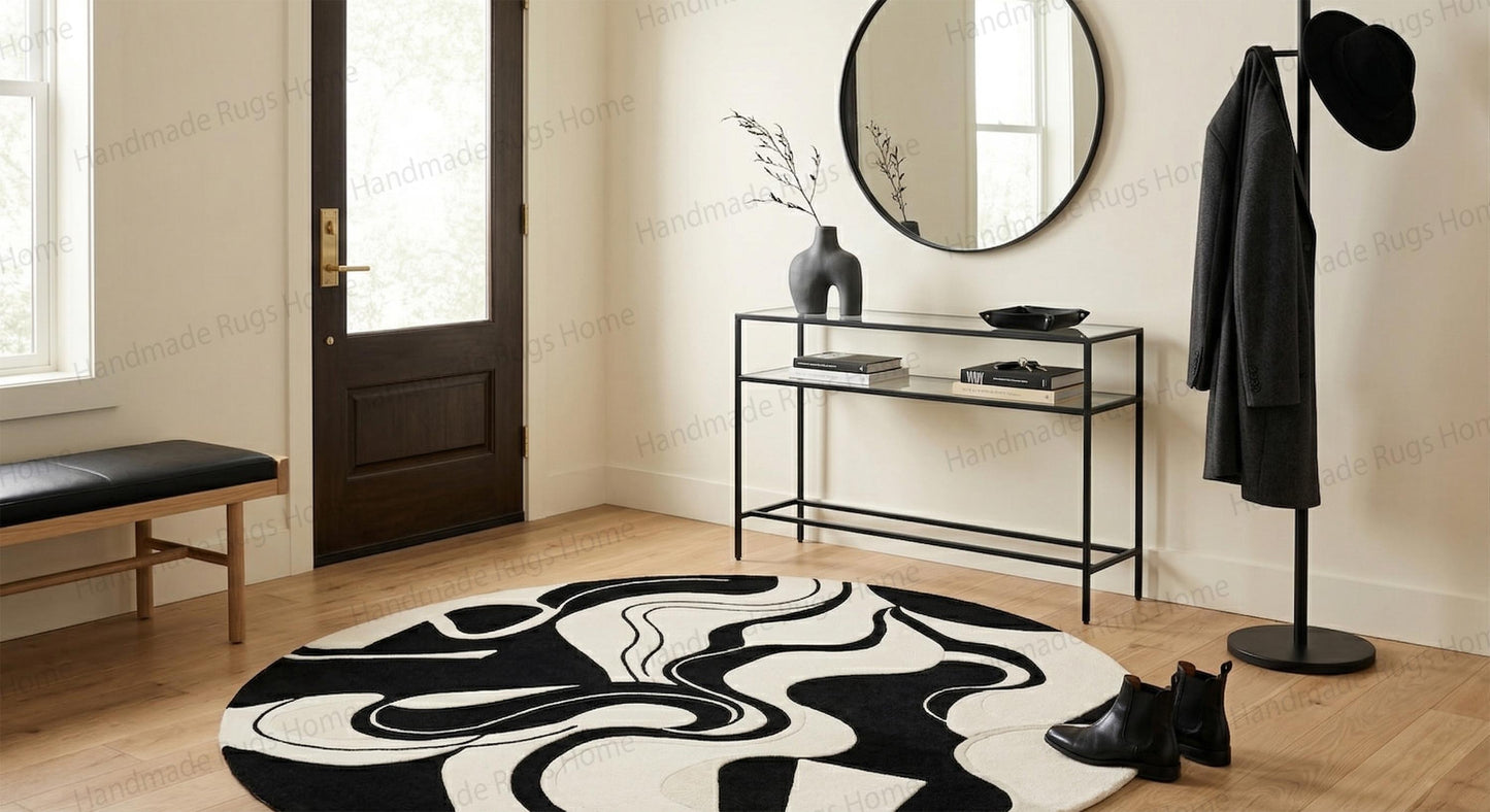 Modernist fluid graphic minimalist floor furnishing

Beautiful family room setup anchored by a striking circular wavy rug