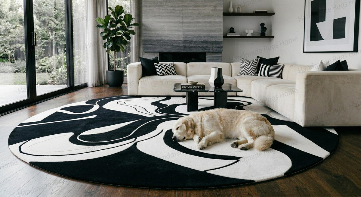 Contemporary abstract design dark and light room decor accent piece

Thick tufted circular mat providing comfort for family spaces

Bold contrast fluid wave interior design aesthetic element

Elegant monochromatic home styling featuring a curved pattern floorwork

Artisan crafted tufted art blending onyx and ivory shades

High-end wavy line round living room furnishing