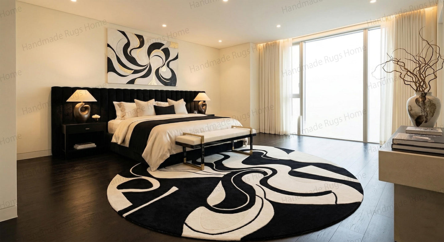 Hand-Tufted Wool Rug: Kinetic Wave Circular Art, Monochromatic Design