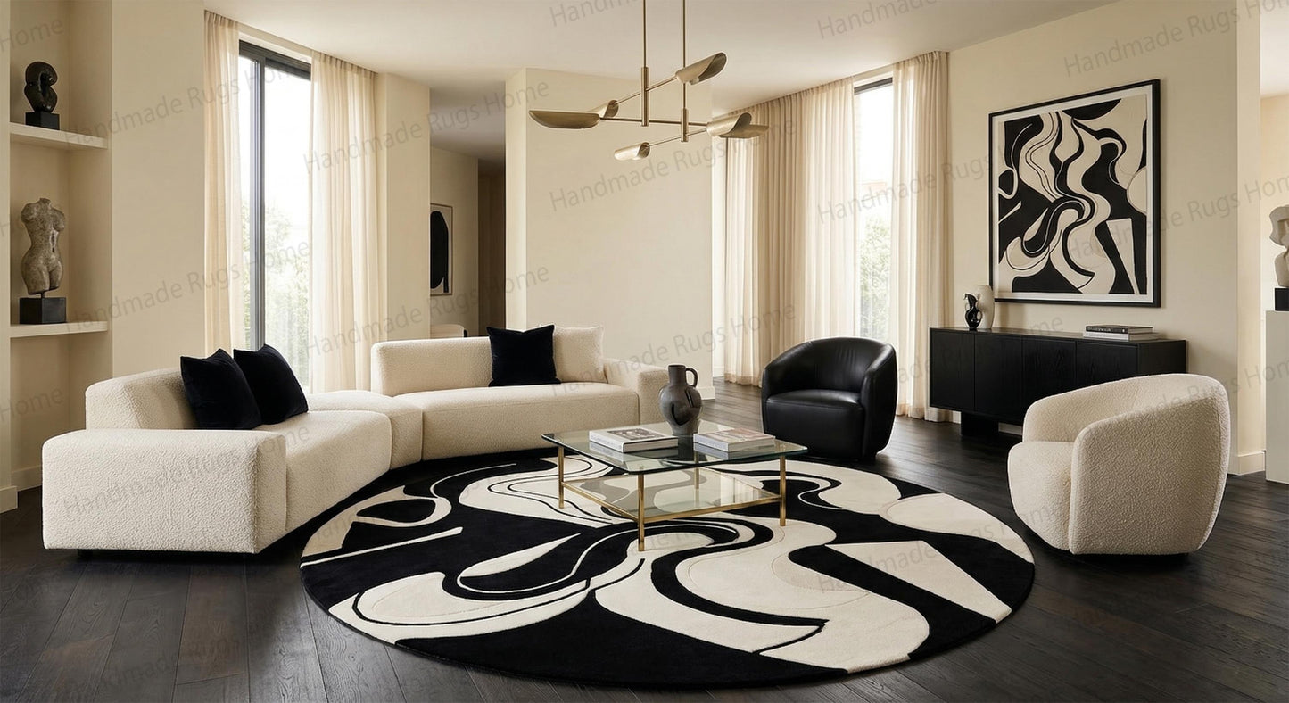Hand-Tufted Wool Rug: Kinetic Wave Circular Art, Monochromatic Design