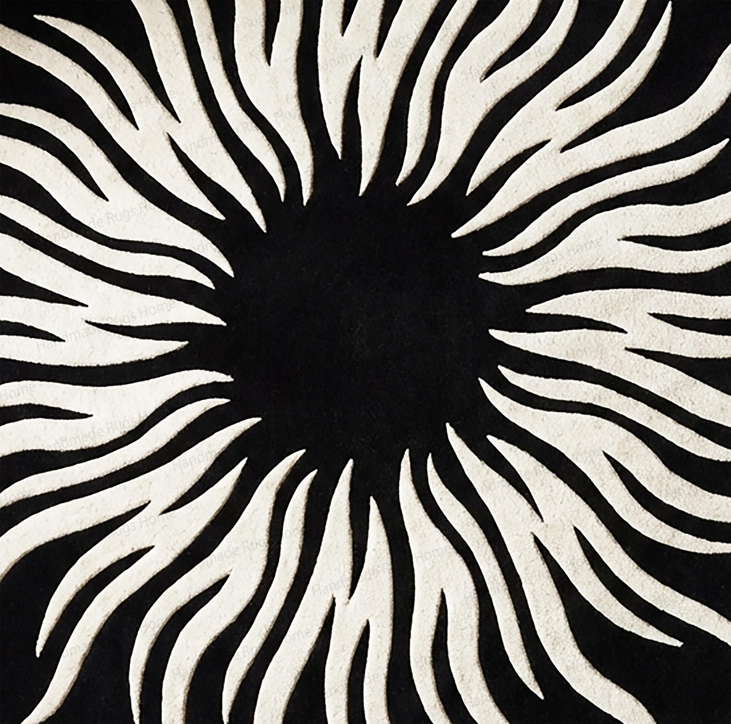 Hand-Tufted Wool Round Rug, Black White Sunburst Modern Carpet, Living Room Decor