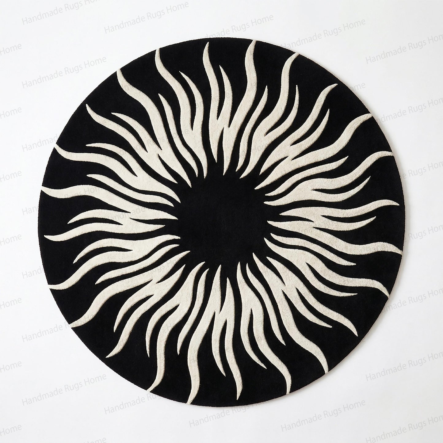Hand-Tufted Wool Round Rug, Black White Sunburst Modern Carpet, Living Room Decor
