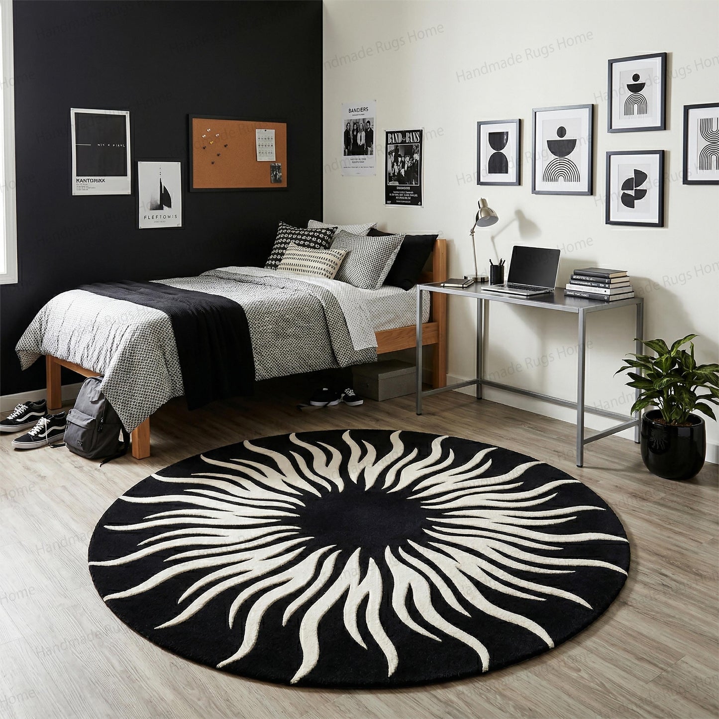 Hand-Tufted Wool Round Rug, Black White Sunburst Modern Carpet, Living Room Decor