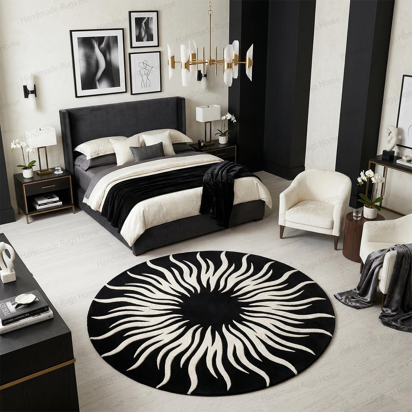 Hand-Tufted Wool Round Rug, Black White Sunburst Modern Carpet, Living Room Decor