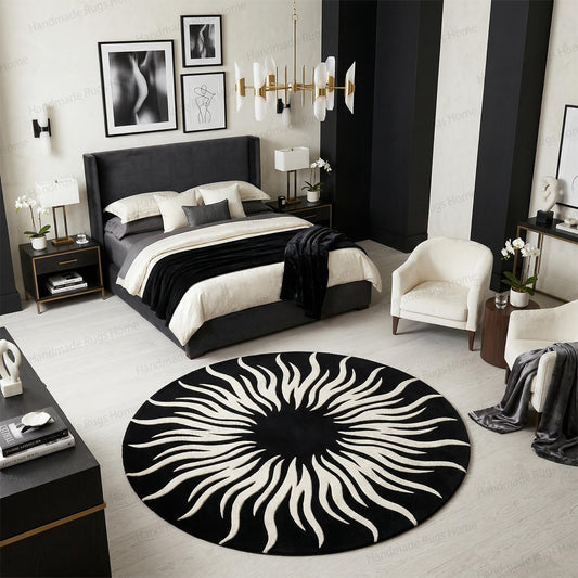 Hand-Tufted Wool Round Rug, Black White Sunburst Modern Carpet, Living Room Decor