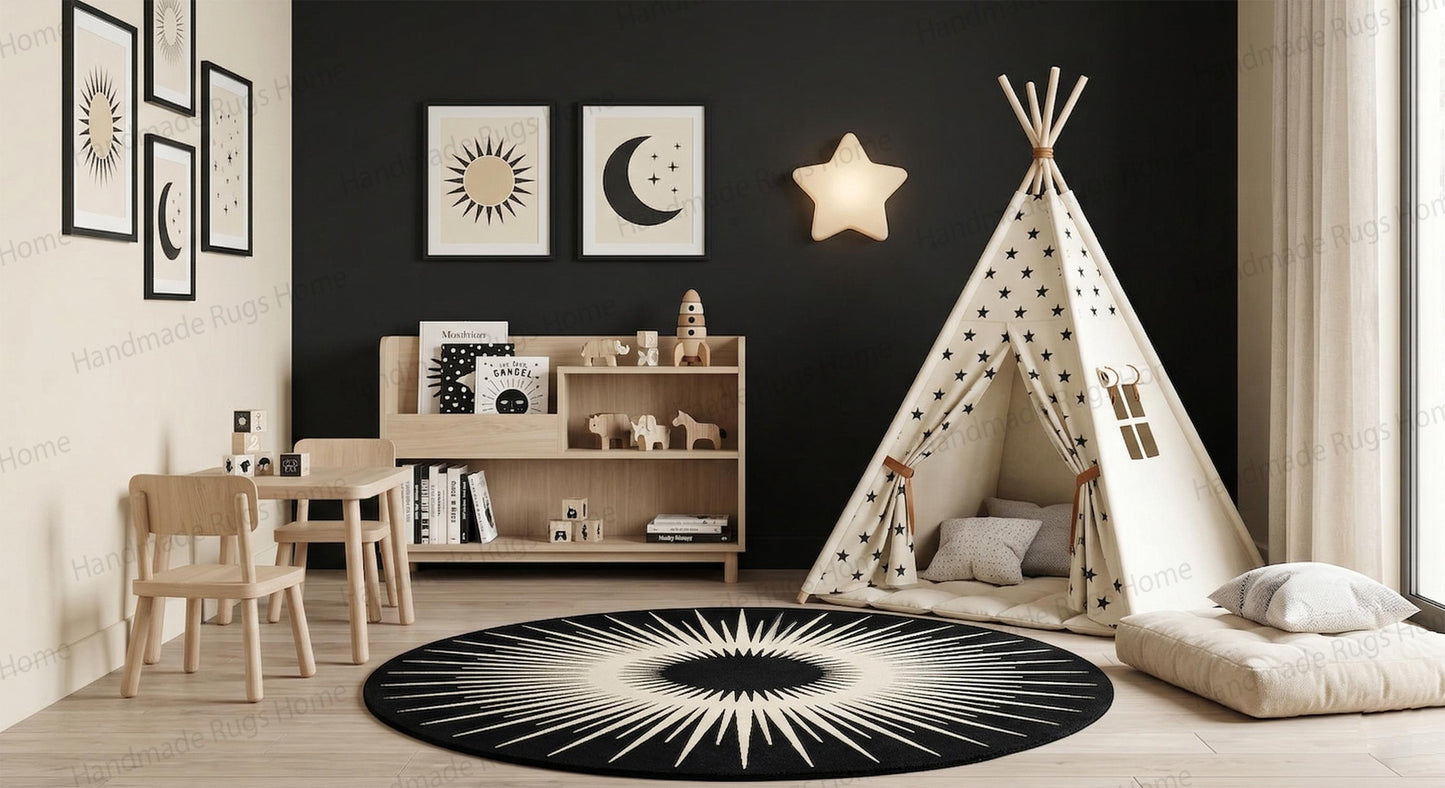 Hand-Tufted Wool Round Rug: Black and White Modern Carpet