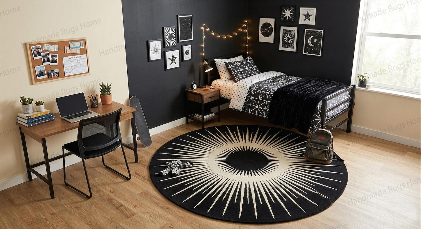 Hand-Tufted Wool Round Rug: Black and White Modern Carpet