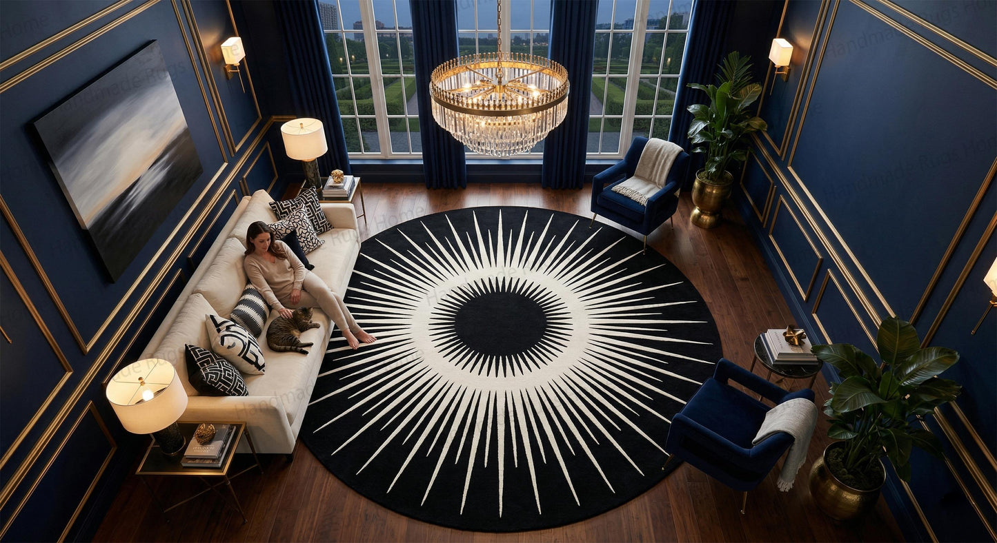 Hand-Tufted Wool Round Rug: Black and White Modern Carpet