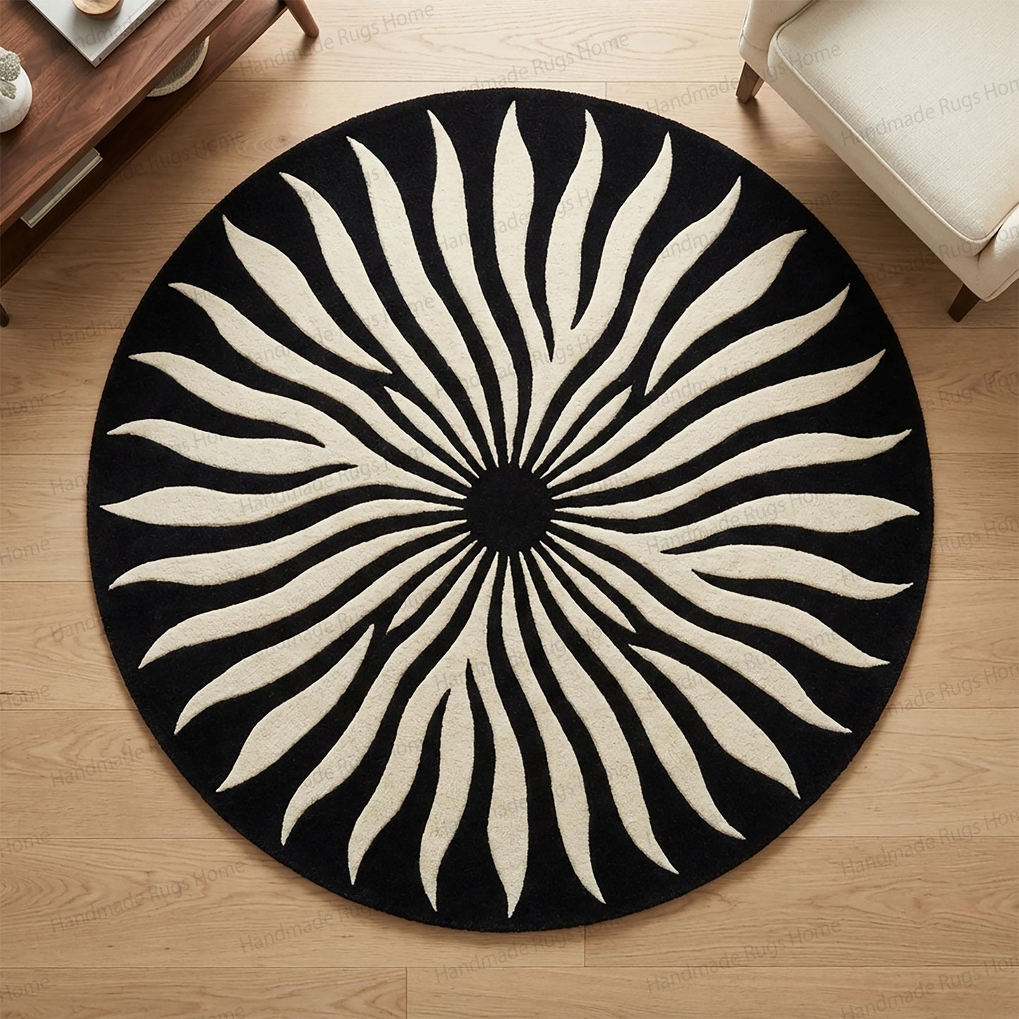 Hand Tufted Wool Sunburst Rug | Modern Black Ivory Round Carpet
