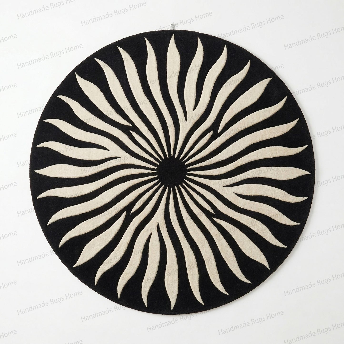 Hand Tufted Wool Sunburst Rug | Modern Black Ivory Round Carpet
