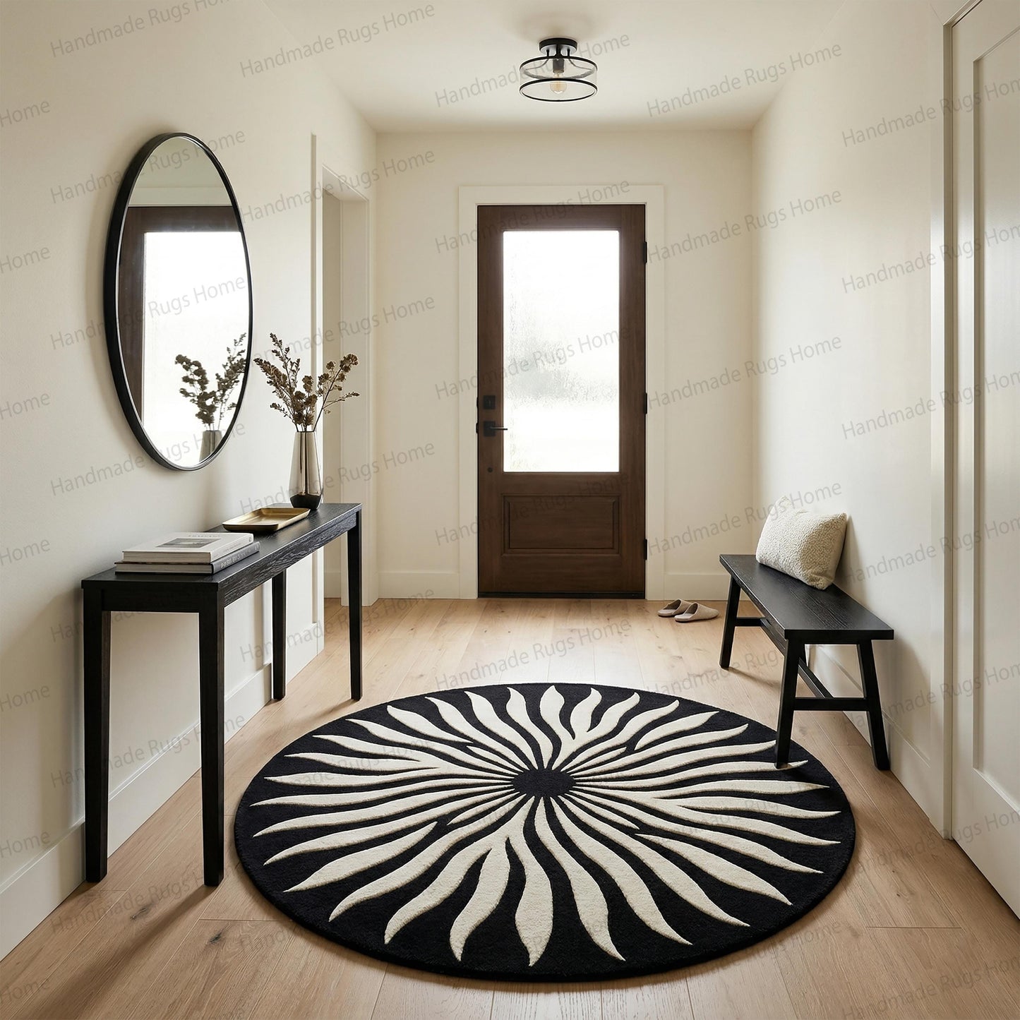 Hand Tufted Wool Sunburst Rug | Modern Black Ivory Round Carpet