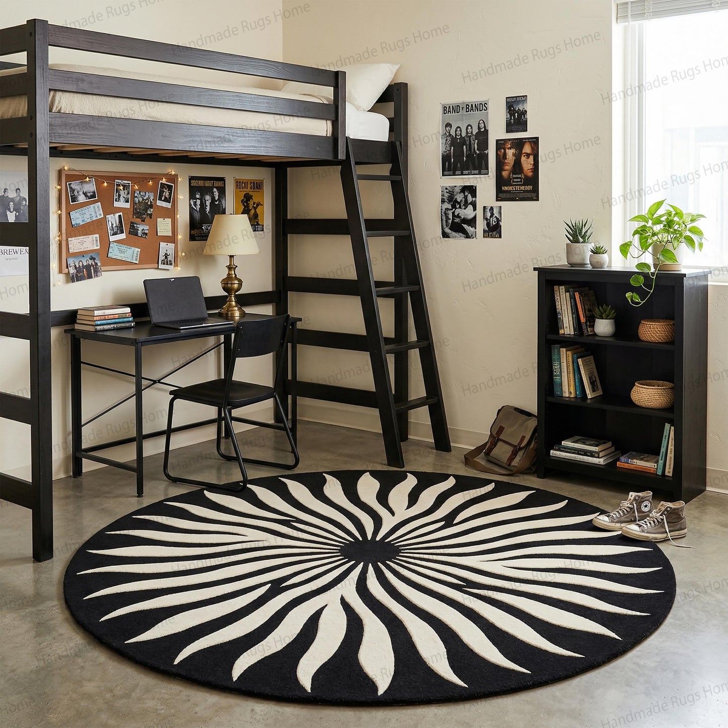 Hand Tufted Wool Sunburst Rug | Modern Black Ivory Round Carpet