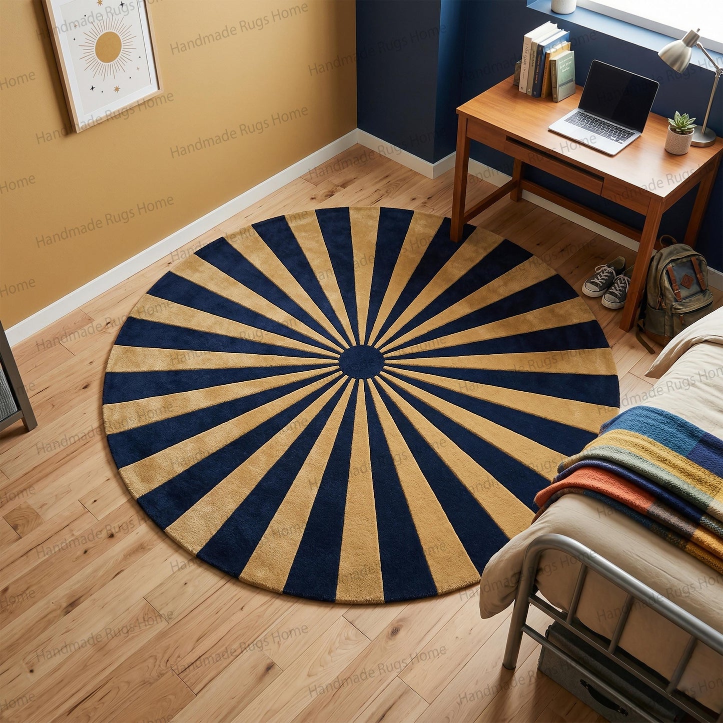 Hand Tufted Wool Rug, Sunburst Pattern, Teal Ivory Round Carpet