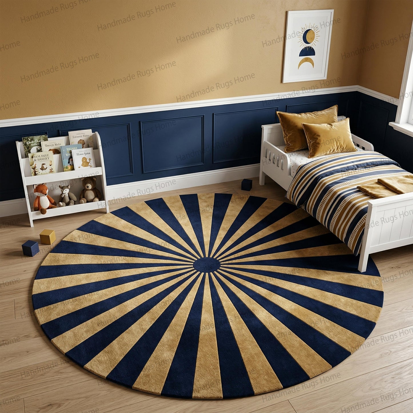 Hand Tufted Wool Rug, Sunburst Pattern, Teal Ivory Round Carpet