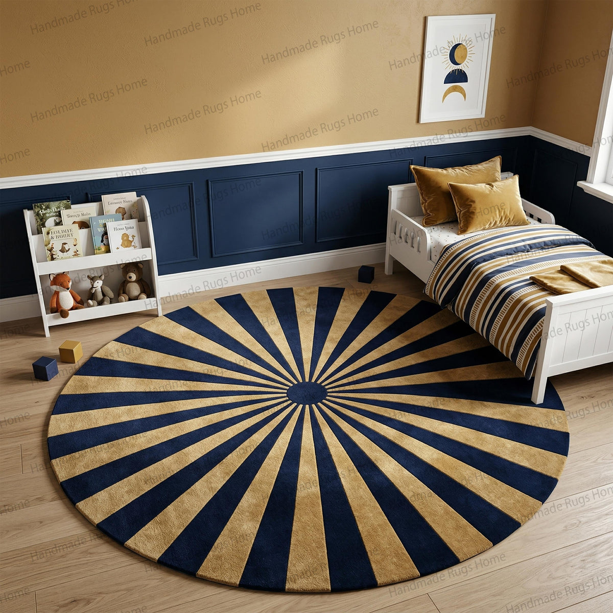 Hand Tufted Wool Rug, Sunburst Pattern, Teal Ivory Round Carpet