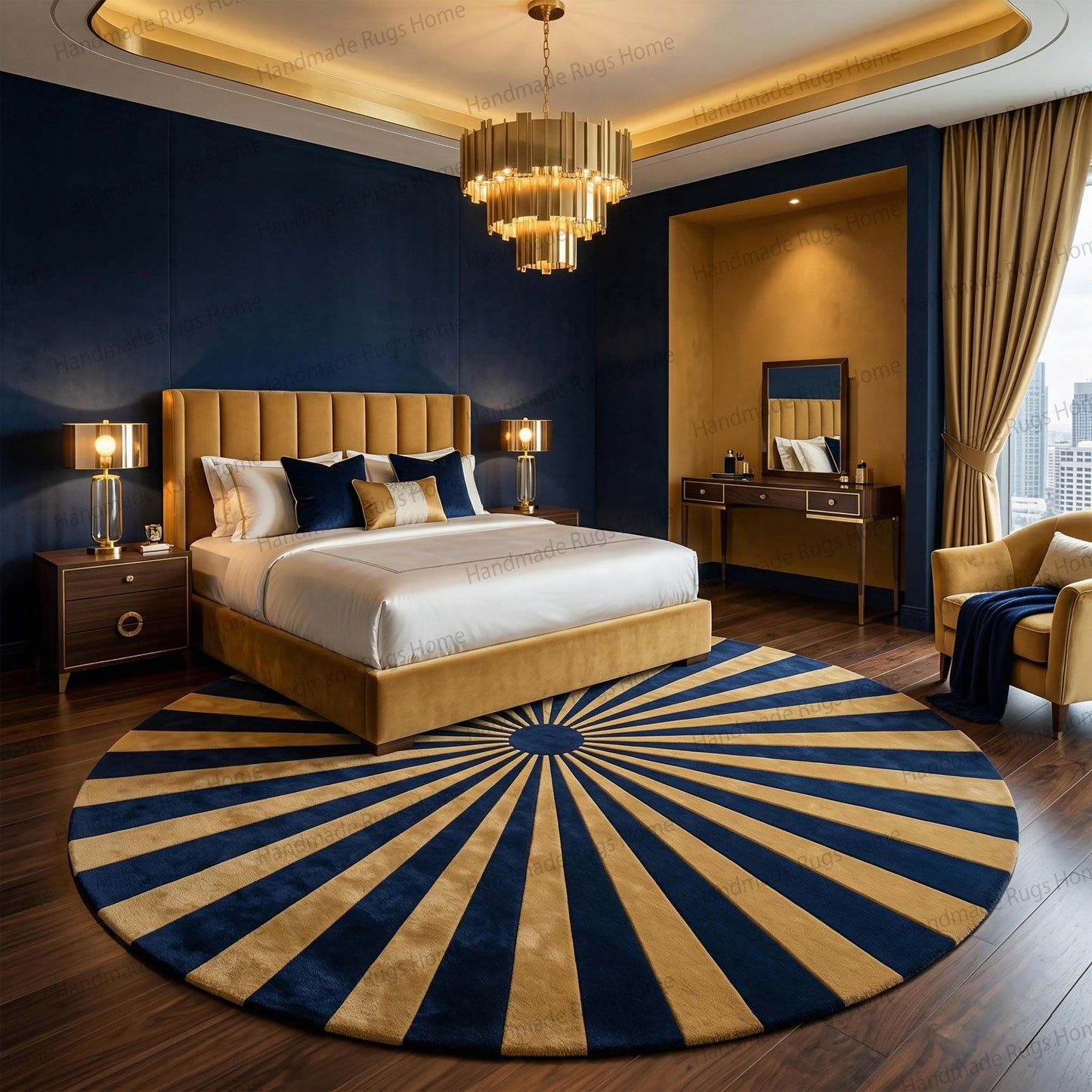Hand Tufted Wool Rug, Sunburst Pattern, Teal Ivory Round Carpet