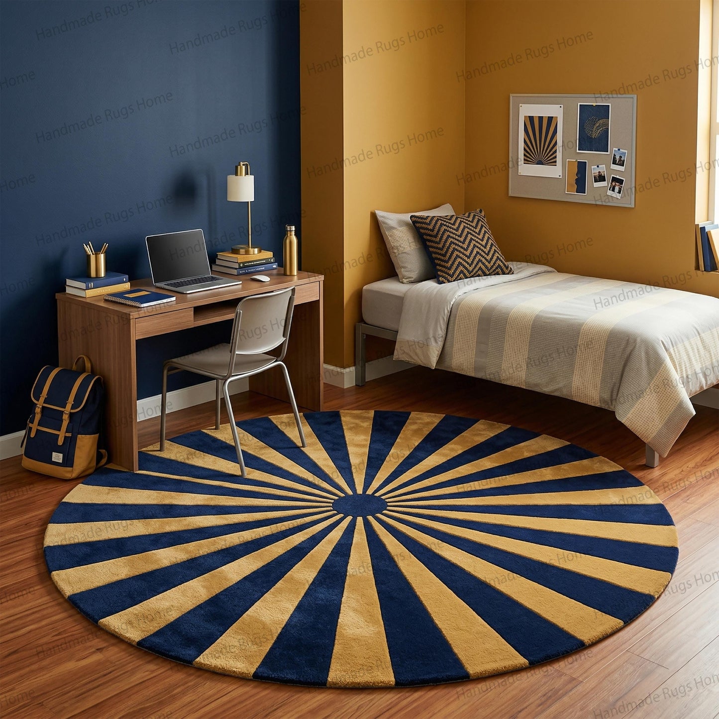 Hand Tufted Wool Rug, Sunburst Pattern, Teal Ivory Round Carpet