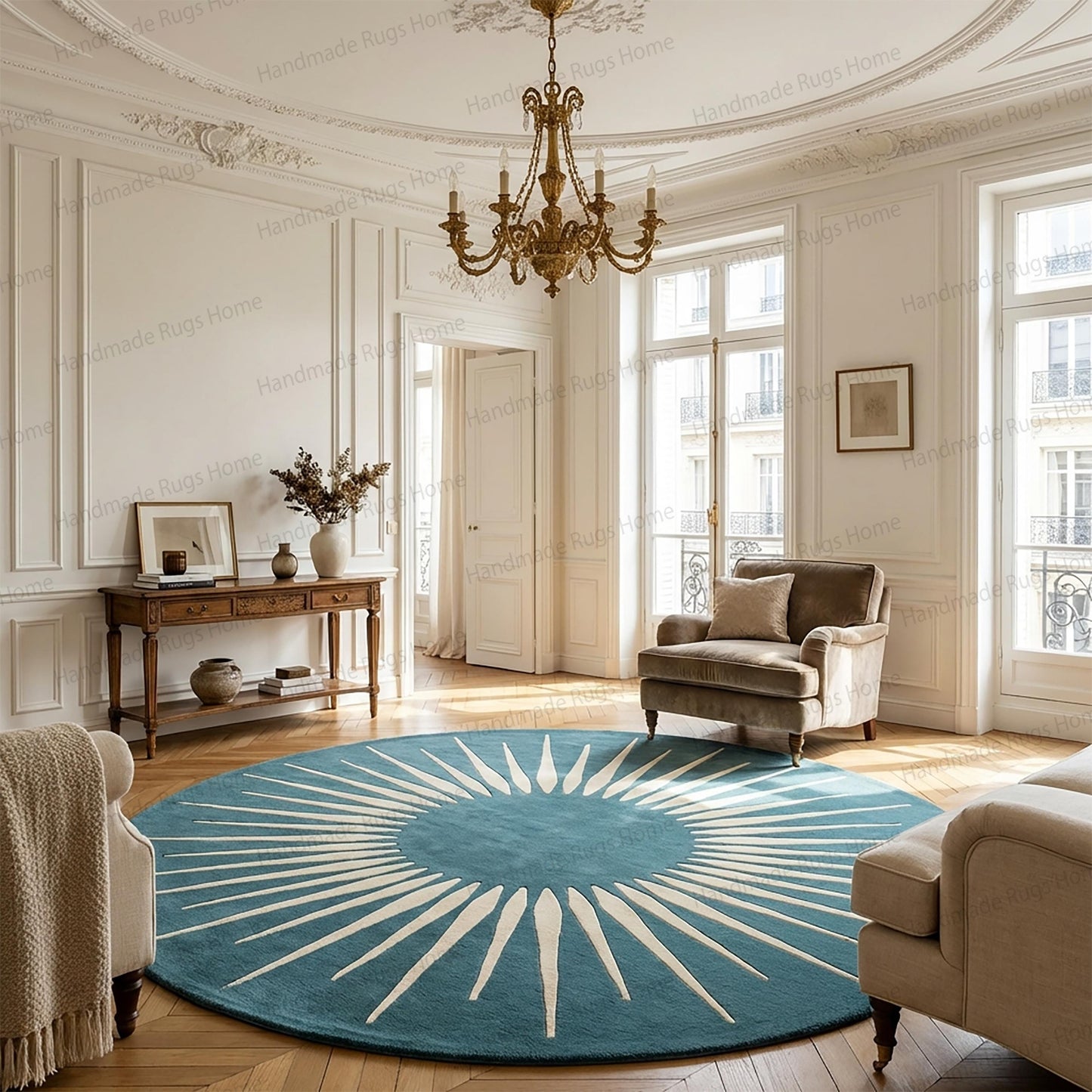 Hand-Tufted Wool Sunburst Rug, Teal Ivory Modern Round Carpet, Geometric Living Room Decor