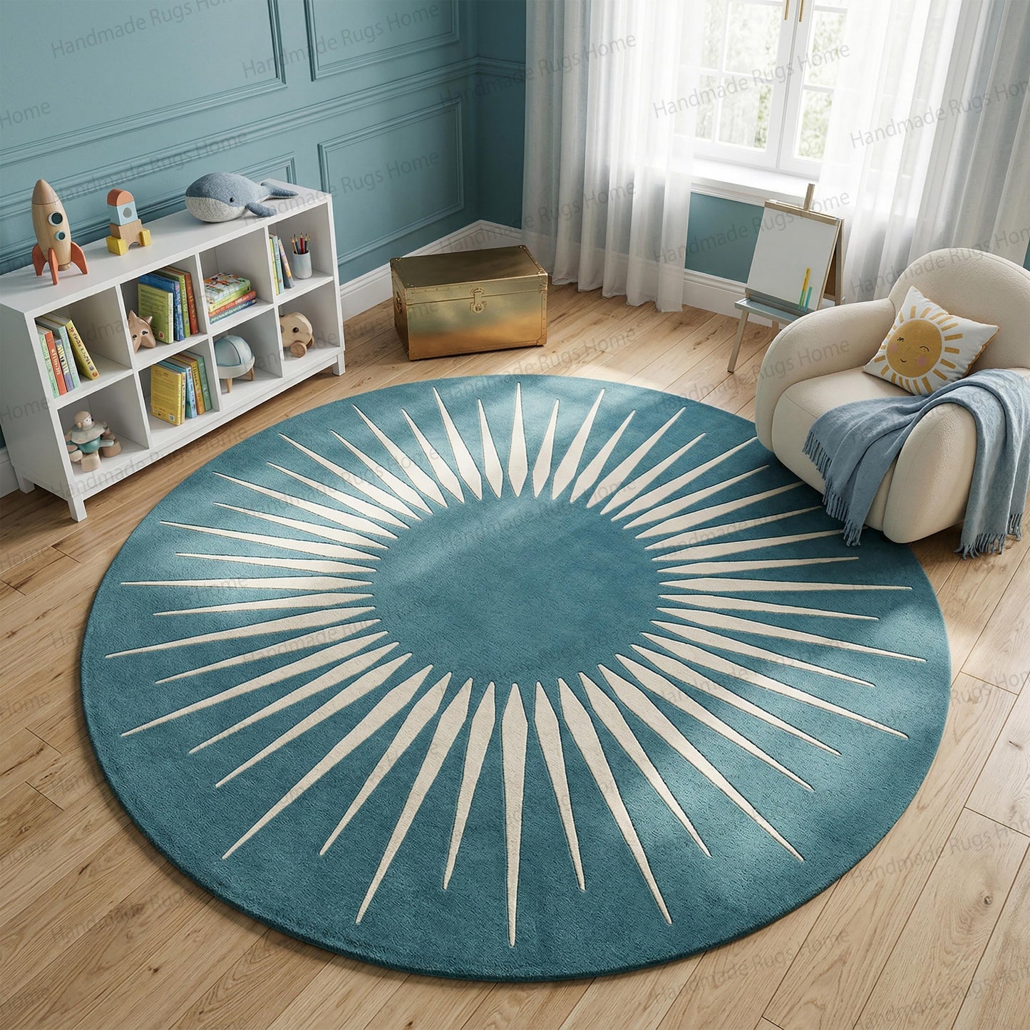 Hand-Tufted Wool Sunburst Rug, Teal Ivory Modern Round Carpet, Geometric Living Room Decor