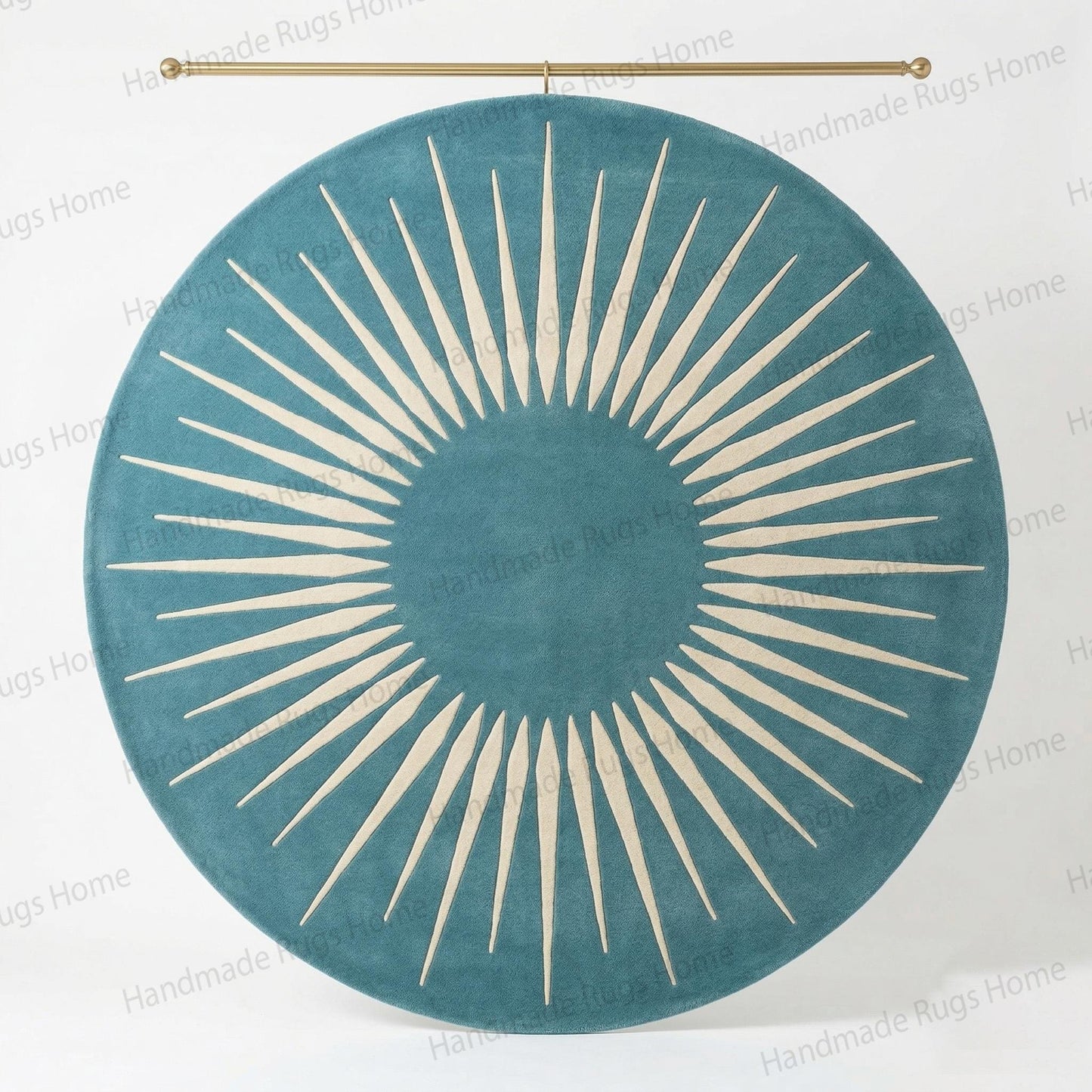 Hand-Tufted Wool Sunburst Rug, Teal Ivory Modern Round Carpet, Geometric Living Room Decor