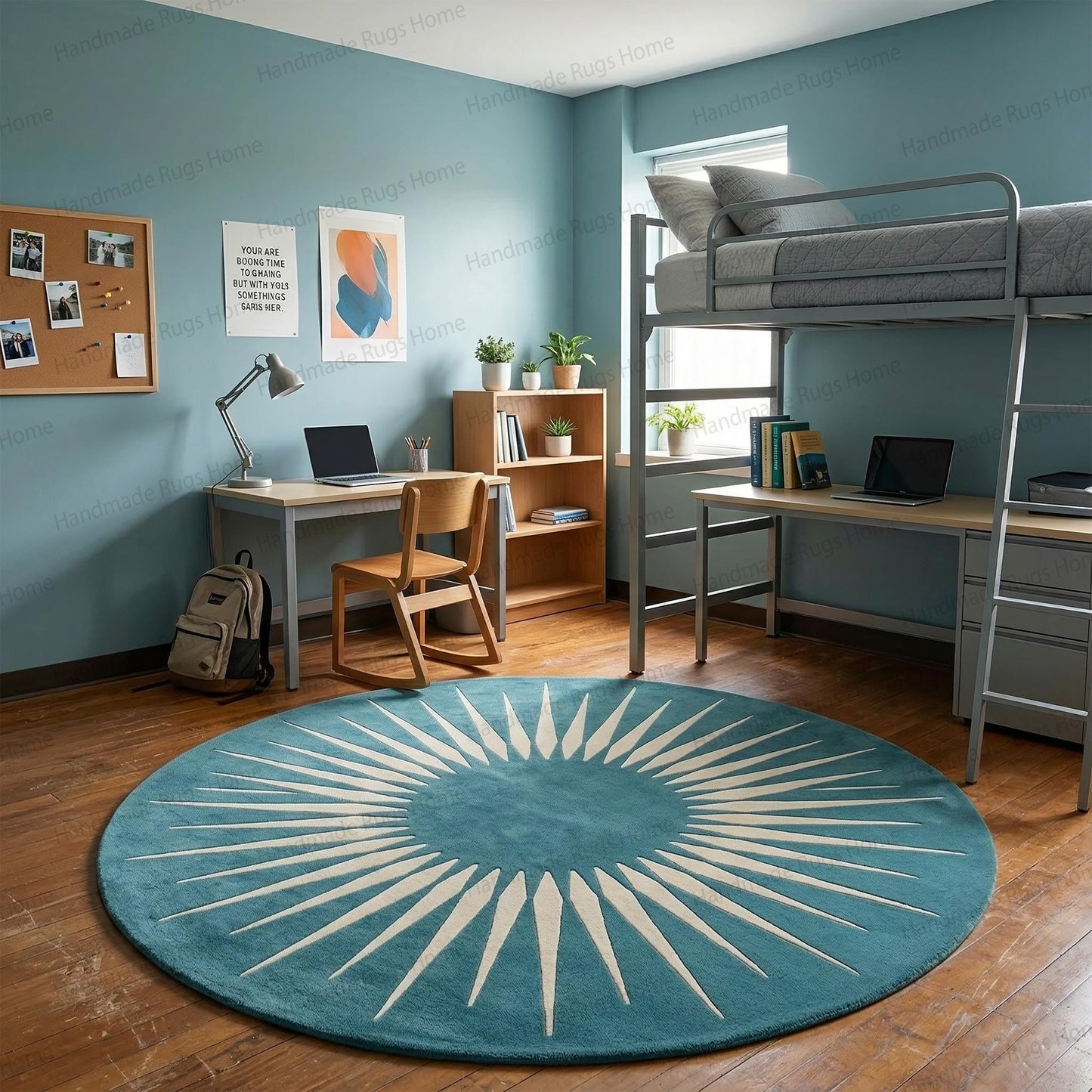 Hand-Tufted Wool Sunburst Rug, Teal Ivory Modern Round Carpet, Geometric Living Room Decor