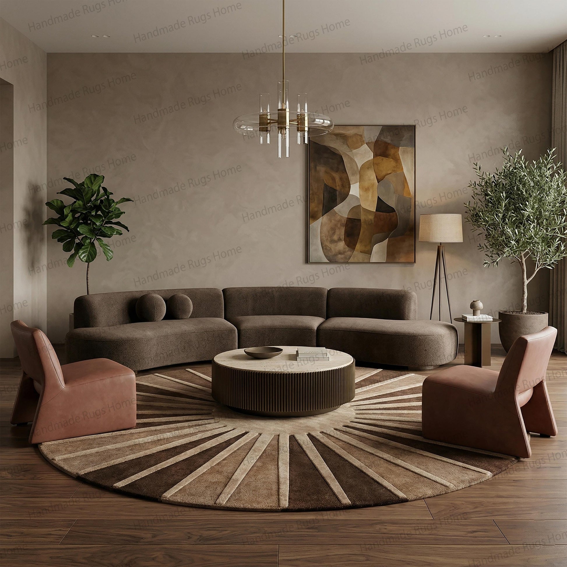 Cozy deep pile circular carpet radiating from a central beige core,

Sophisticated entryway rug blending taupe espresso and camel hues,

Bohemian style floor art with tactile raised yarn details,

Custom handmade home furnishing showcasing radiant sun energy,

Elegant living area anchor piece with dynamic carved texture