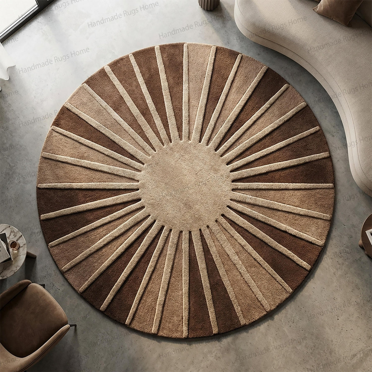 Artisan crafted plush 3D textured mat with mocha and sand shades,

Contemporary circular home decor featuring raised tufted lines,

Premium quality natural fiber rug showcasing sunbeam motif,

Minimalist bedroom focal point displaying gradient earthy palette,

Handwoven bespoke interior styling element with starburst geometry