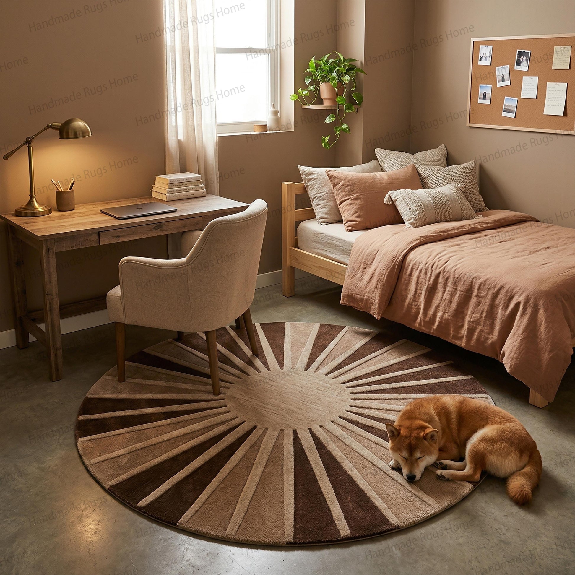 Round hand tufted wool rug with sunburst pattern in earthy brown tones,

Luxury circular starburst carpet featuring high low textured rays,

Beige and chocolate geometric round area rug for living room,

Modern mid century inspired radiating sun design floor covering,

Boho chic nursery decor accent piece in warm neutral colors