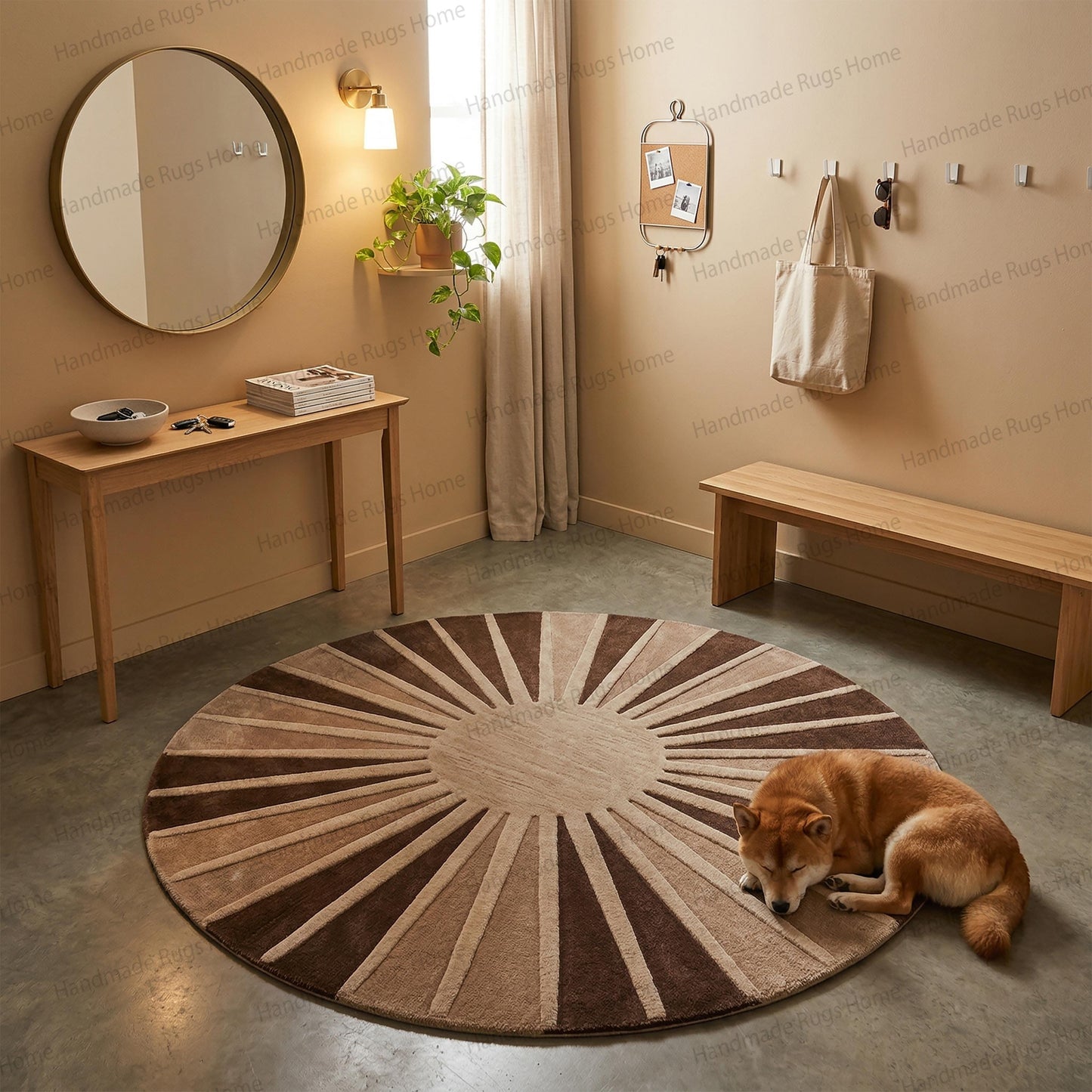 Hand-Tufted Wool Sunburst Rug: Earth Toned, Round, Artisan Home Accent