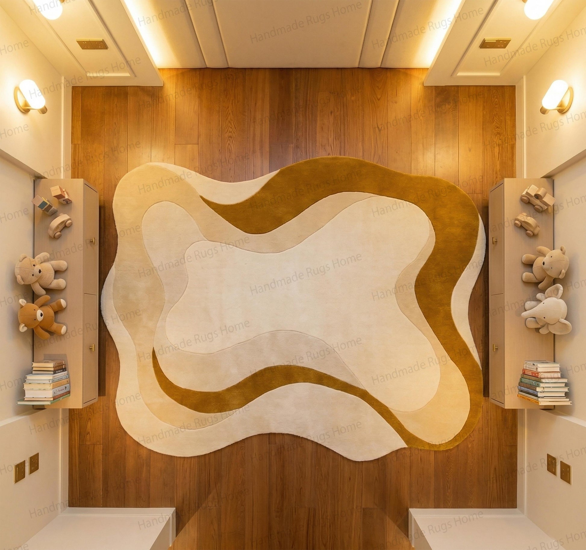 Trending curvy aesthetic mat blending seamlessly into stylish interiors.

Luxurious organic modern decor featuring a uniquely shaped plush rug.

Warm inviting family room centered around an abstract tufted carpet.