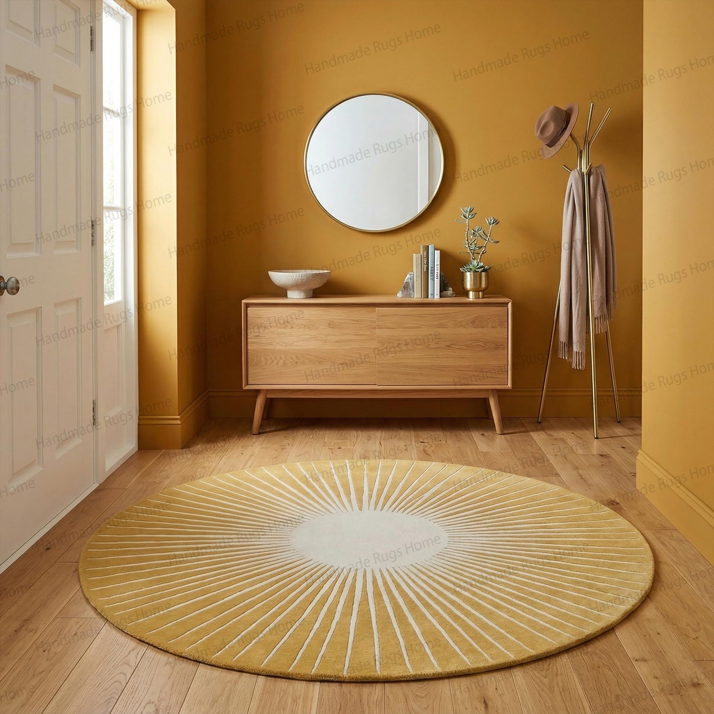 Hand Tufted Wool Sunburst Rug, Round Blue Ivory Transitional Area Carpet