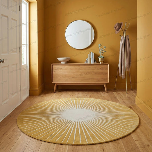 Hand Tufted Wool Sunburst Rug, Round Blue Ivory Transitional Area Carpet