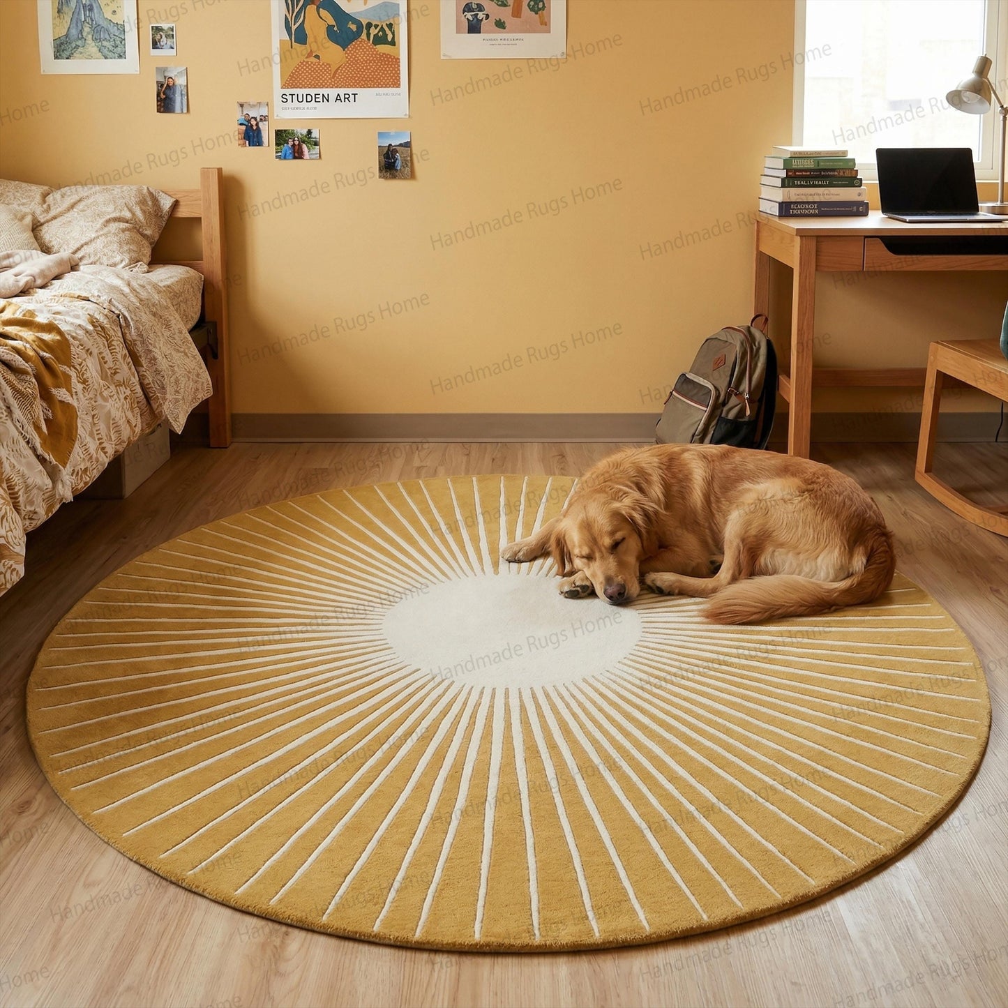 Hand Tufted Wool Sunburst Rug, Round Blue Ivory Transitional Area Carpet